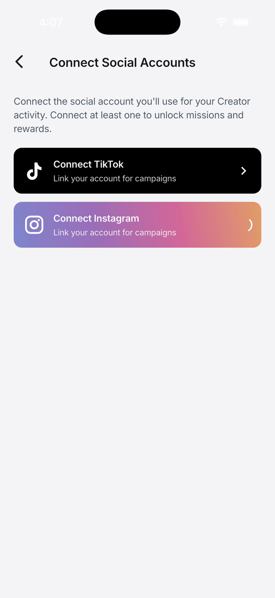 Connect Social Accounts screen with Connect TikTok and Connect Instagram buttons.
