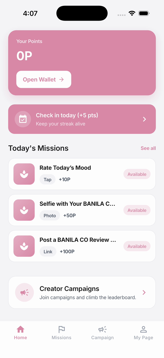 Pink House home screen: points balance, daily check-in, and today's missions.