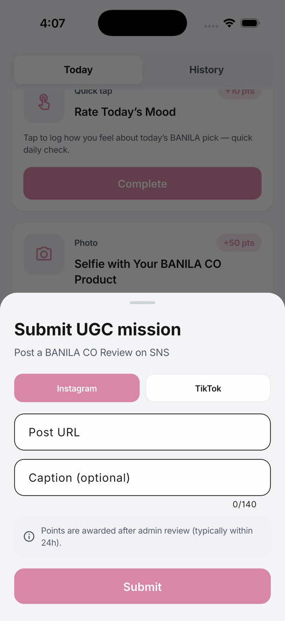 Mission list with a UGC submission sheet — Instagram and TikTok toggle plus a post URL field.