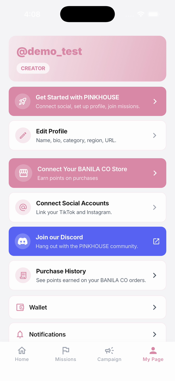 My Page: creator profile, connected social accounts, store connection, community, and wallet.